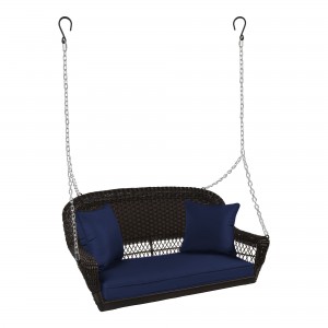 Espresso Resin Wicker Porch Swing with Midnight Blue Cushion