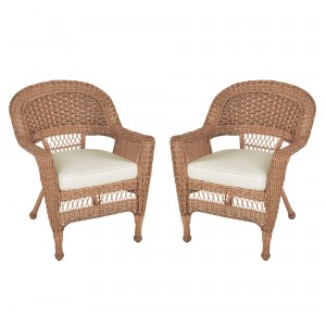 Honey Wicker Chair With Ivory Cushion - Set of  2