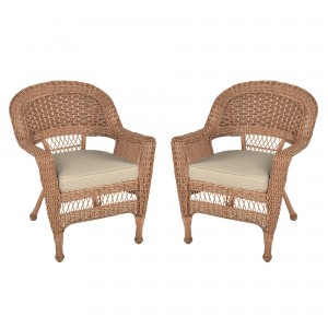 Honey Wicker Chair With Tan Cushion - Set of  2