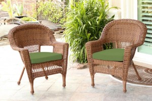 Honey Wicker Chair With Hunter Green Cushion - Set of  2