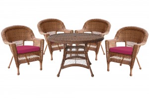 5pc Honey Wicker Dining Set - Red Cushions