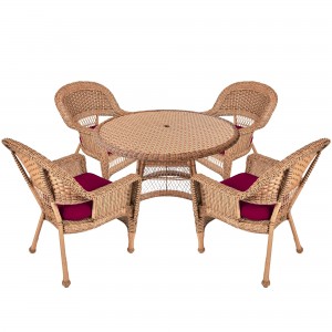 5pc Honey Wicker Dining Set - Red Cushions