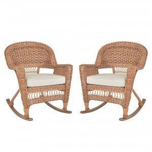 Honey Rocker Wicker Chair with Ivory Cushion -  Set of 2