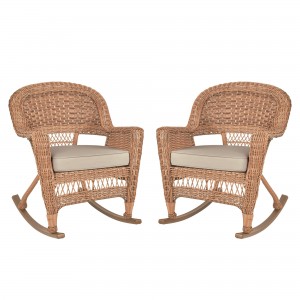 Honey Rocker Wicker Chair with Tan Cushion -  Set of 2