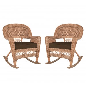 Honey Rocker Wicker Chair with Brown Cushion -  Set of 2