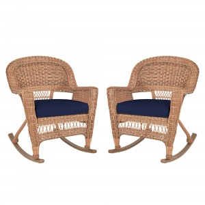 Honey Rocker Wicker Chair with Midnight Blue Cushion -  Set of 2