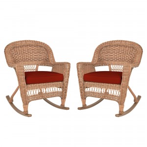 Honey Rocker Wicker Chair with Brick Red Cushion -  Set of 2