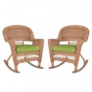 Honey Rocker Wicker Chair with Sage Green Cushion -  Set of 2