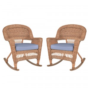 Honey Rocker Wicker Chair with Steel Blue Cushion -  Set of 2