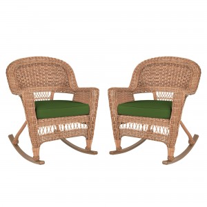 Honey Rocker Wicker Chair with Hunter Green Cushion -  Set of 2