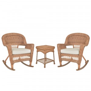3pc Honey Rocker Wicker Chair Set With Ivory Cushion