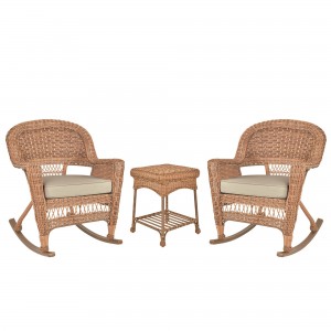 3pc Honey Rocker Wicker Chair Set With Tan Cushion