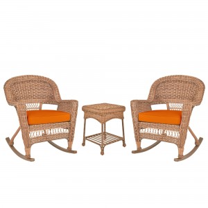 3pc Honey Rocker Wicker Chair Set With Orange Cushion