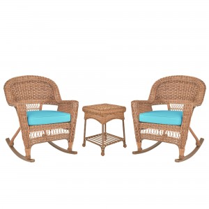 3pc Honey Rocker Wicker Chair Set With Sky Blue Cushion
