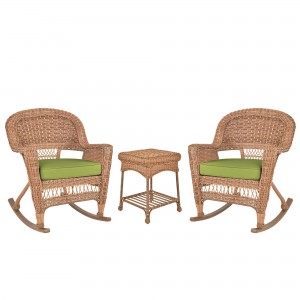 3pc Honey Rocker Wicker Chair Set With Sage Green Cushion