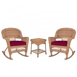 3pc Honey Rocker Wicker Chair Set With Red Cushion