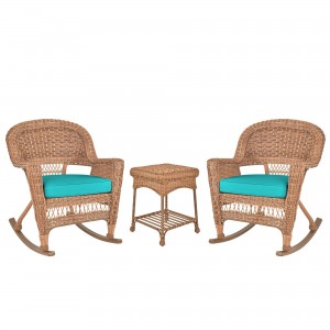 3pc Honey Rocker Wicker Chair Set With Turquoise Cushion