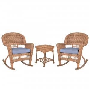3pc Honey Rocker Wicker Chair Set With Steel Blue Cushion