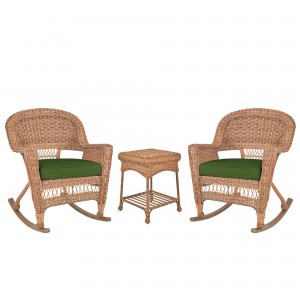 3pc Honey Rocker Wicker Chair Set With Hunter Green Cushion