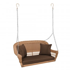 Honey Resin Wicker Porch Swing with Brown Cushion