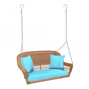 Honey Resin Wicker Porch Swing with Sky Blue Cushion