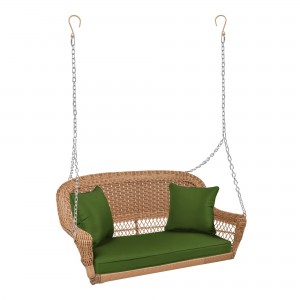 Honey Resin Wicker Porch Swing with Hunter Green Cushion