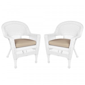 White Wicker Chair With Tan Cushion - Set of 2