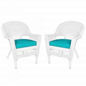 White Wicker Chair With Turquoise Cushion - Set of 2