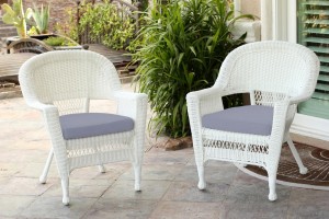 White Wicker Chair With Steel Blue Cushion - Set of 2