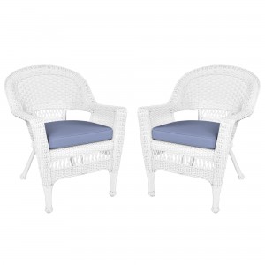 White Wicker Chair With Steel Blue Cushion - Set of 2