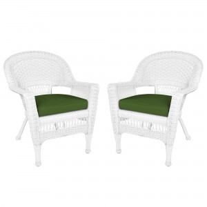 White Wicker Chair With Hunter Green Cushion - Set of 2