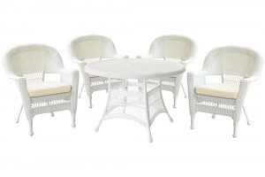 5pc White Wicker Dining Set - Ivory Cushions