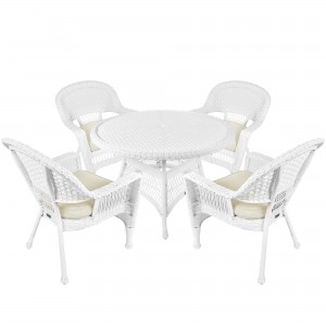 5pc White Wicker Dining Set - Ivory Cushions
