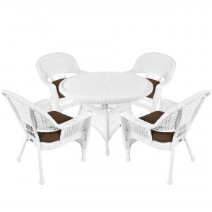 5pc White Wicker Dining Set - Brown Cushions