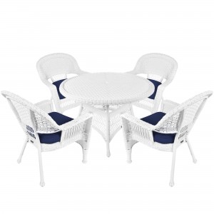 5pc White Wicker Dining Set - Midnight Blue Cushions