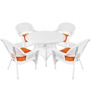 5pc White Wicker Dining Set - Orange Cushions