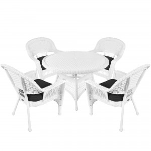 5pc White Wicker Dining Set - Black Cushions