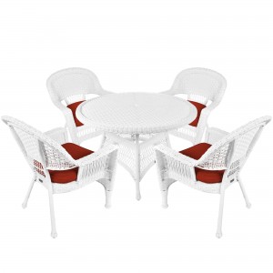 5pc White Wicker Dining Set - Brick Red Cushions