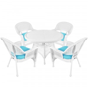 5pc White Wicker Dining Set - Sky Blue Cushions