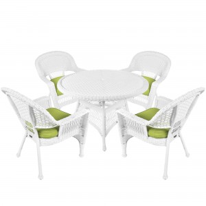 5pc White Wicker Dining Set - Sage Green Cushions