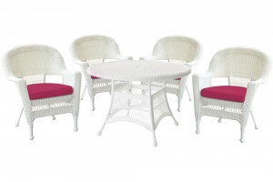 5pc White Wicker Dining Set - Red Cushions
