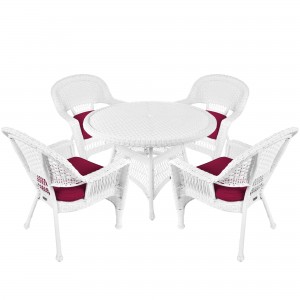 5pc White Wicker Dining Set - Red Cushions