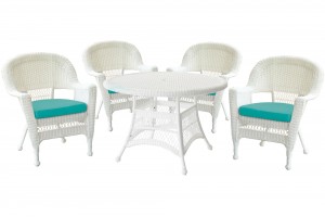 5pc White Wicker Dining Set - Turquoise Cushions