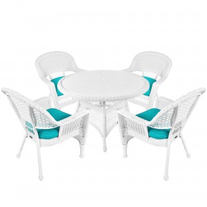 5pc White Wicker Dining Set - Turquoise Cushions