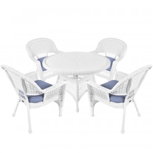 5pc White Wicker Dining Set - Steel Blue Cushions