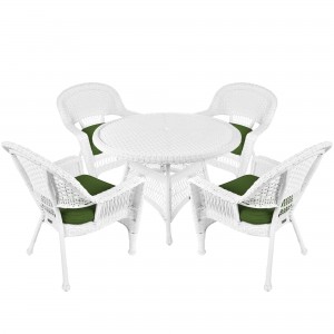 5pc White Wicker Dining Set - Hunter Green Cushions