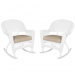 White Rocker Wicker Chair with Tan Cushion-  Set of 2