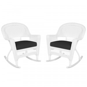 White Rocker Wicker Chair with Black Cushion-  Set of 2