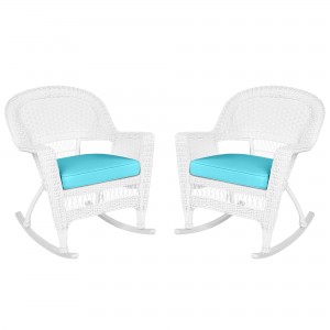 White Rocker Wicker Chair with Sky Blue Cushion-  Set of 2