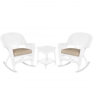 3pc White Rocker Wicker Chair Set With Tan Cushion